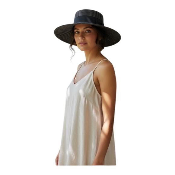 Suzy Hats Accessories - Vintage Black Straw Wide Brim Hat Ribbon Trim Boho Chic Sun Hat With Box